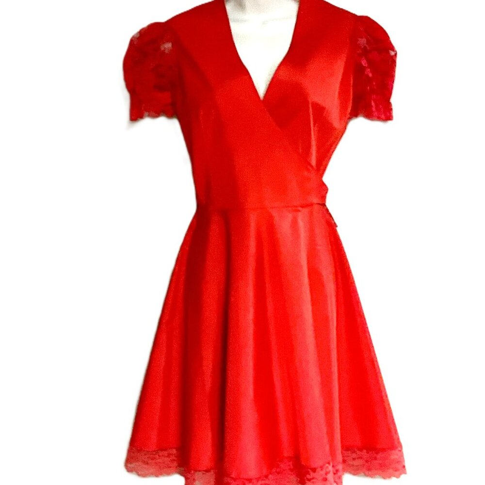 Wendy One Red Wrap Dress Lace Puff Sleeves Lace Hem Belted Size 6